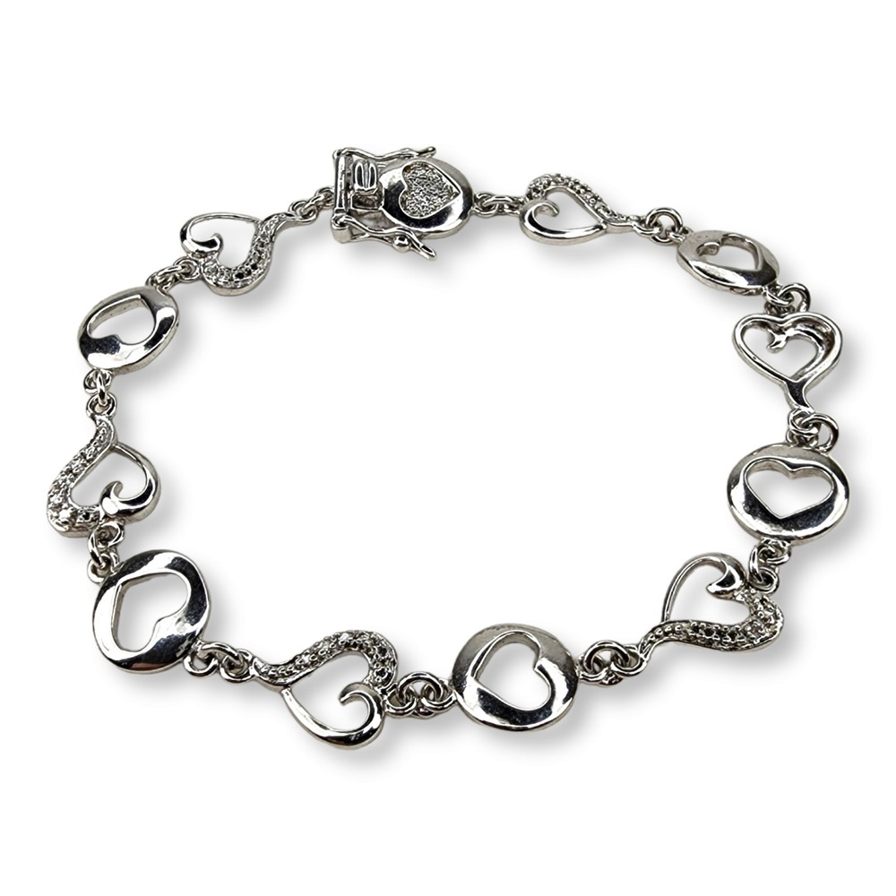 DL Tennis Bracelet 925 Sterling Silver 7.25in Open Heart Link Cubic Zirconia